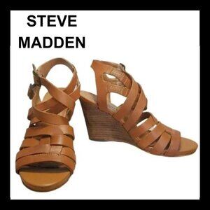 STEVE MADDEN Tan Venis Strappy Leather Wedge Sandals